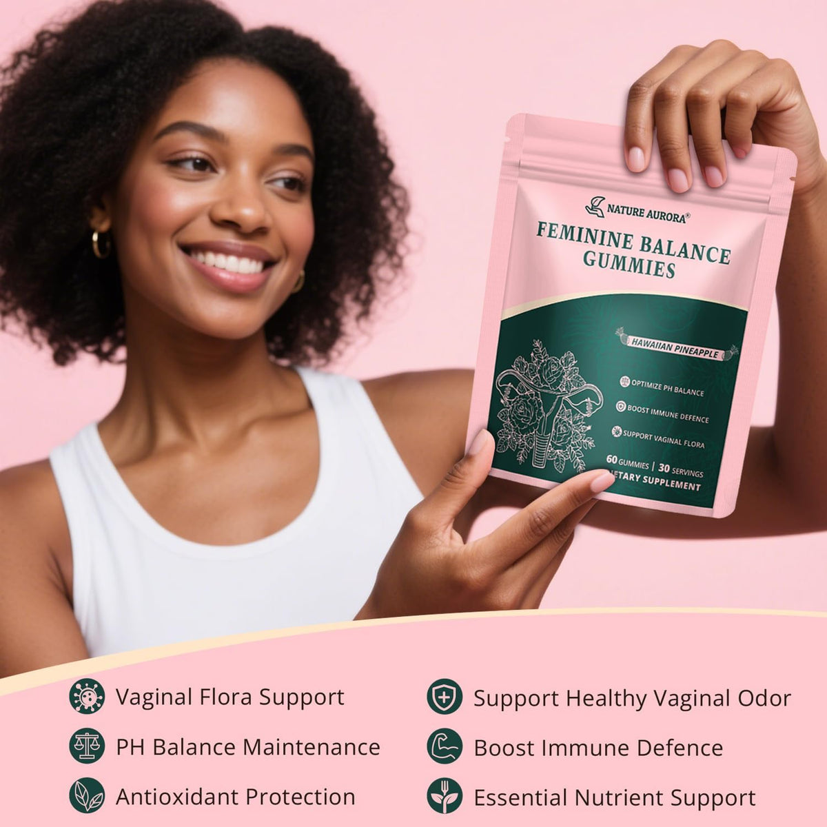 Premium Feminine Balance Gummies - Women's pH Balance & Vaginal Probiotics Support with Immune Support - Vegan, Gluten-free - Hawaiian Pineapple Flavour (60 Count) - görsel 3