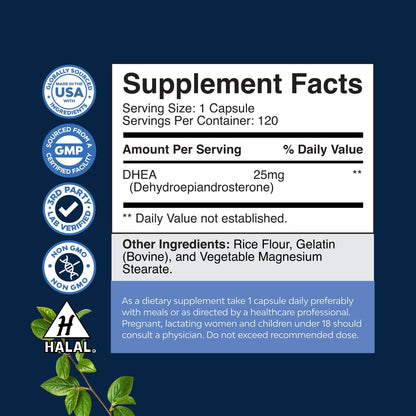 DHEA Food Supplement for Women & Men - 25mg Dehydroepiandrosterone - 120 Capsules