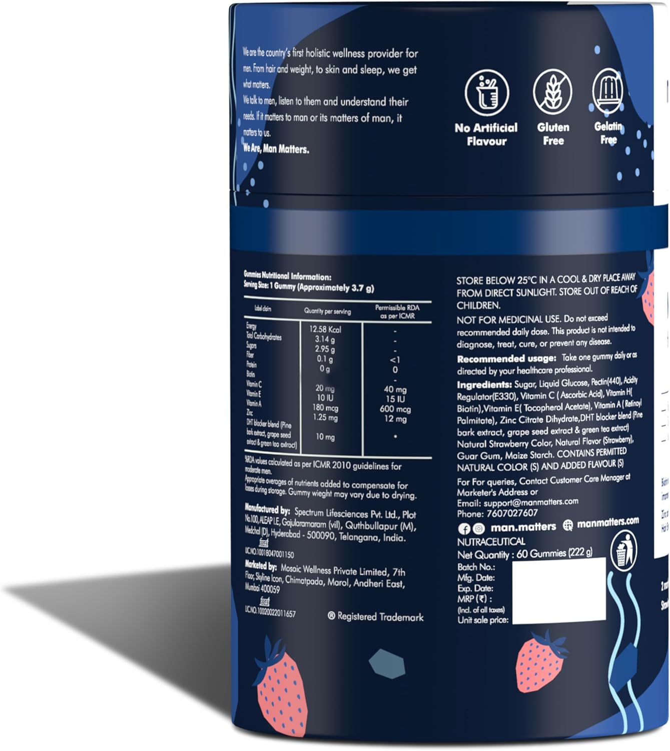 Man Matters Biotin Hair Gummies for Men – Strawberry Flavour with Vitamin A, C, E & Zinc – 60-Day Supply - görsel 8