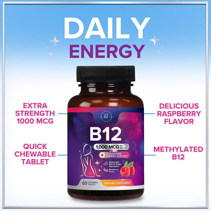 Vitamin B12 1000 mcg Chewable Tablets - B12 Complex for Heart, Nerve & Energy Support - 60 Tablets