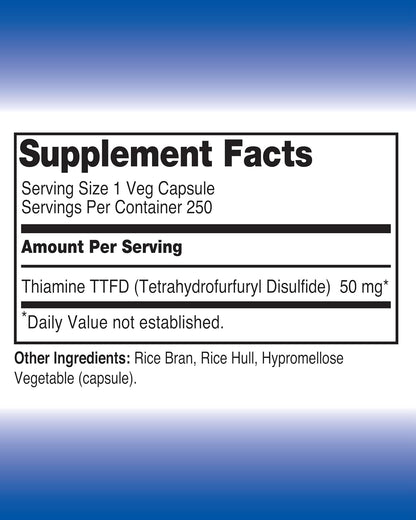 Vitamin B1 Thiamine TTFD - Thiamine Tetrahydrofurfuryl Disulfide, 50 mg, 250 Capsules