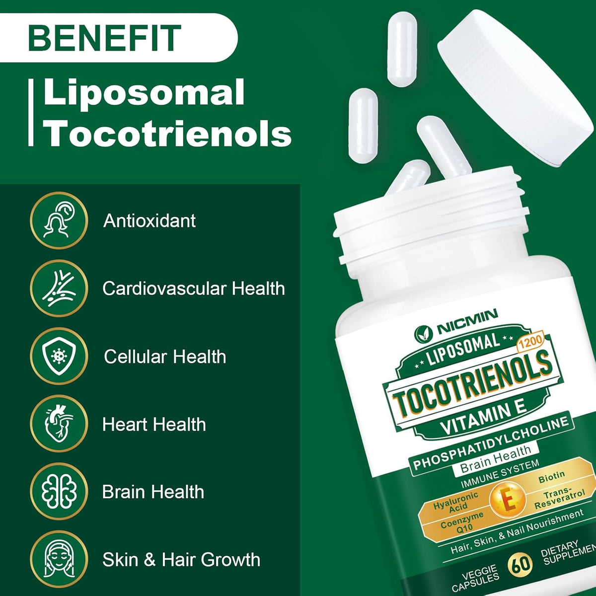 NICMIN Liposomal Vitamin E Tocotrienols 1200mg - High Absorption Formula with Phosphatidylcholine, CoQ10, and Hyaluronic Acid - 120 Capsules - görsel 4