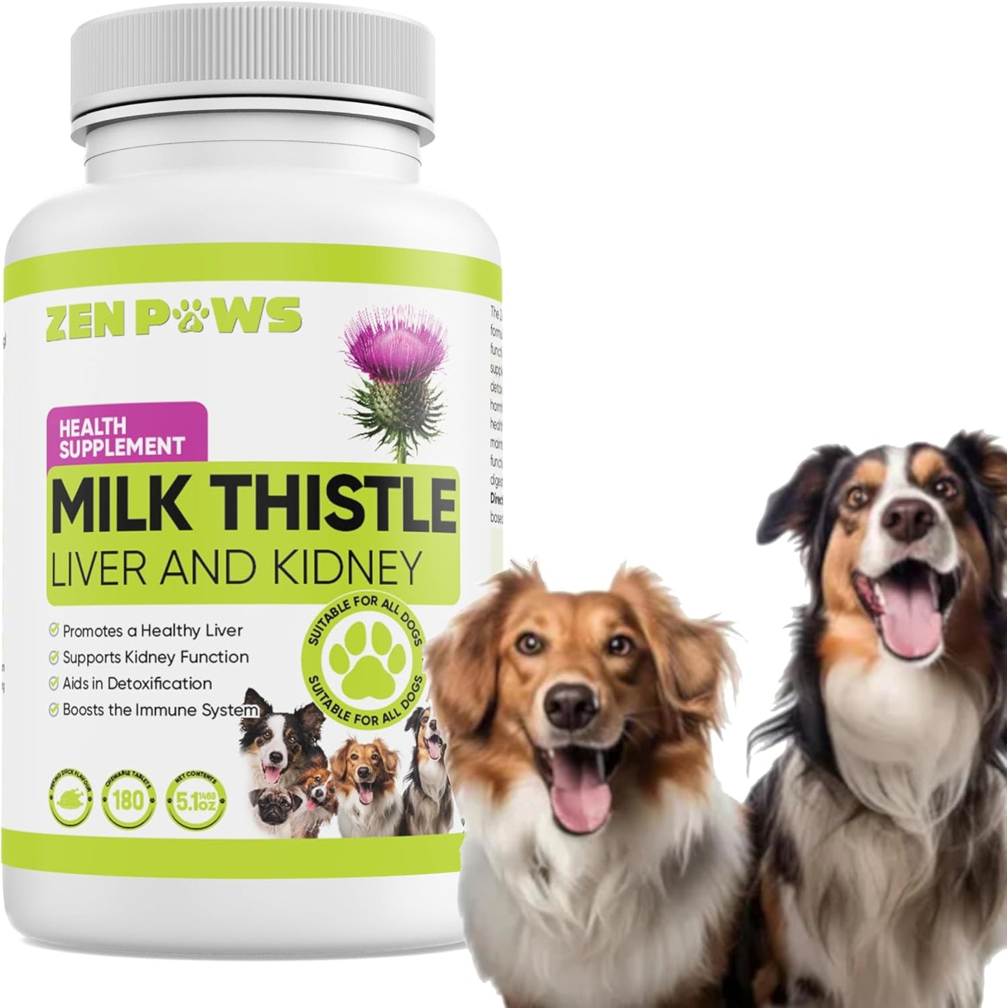 Zenpaws Milk Thistle for Dogs - 180 Chewable Tablets - Canine Liver & Kidney Support - görsel 1