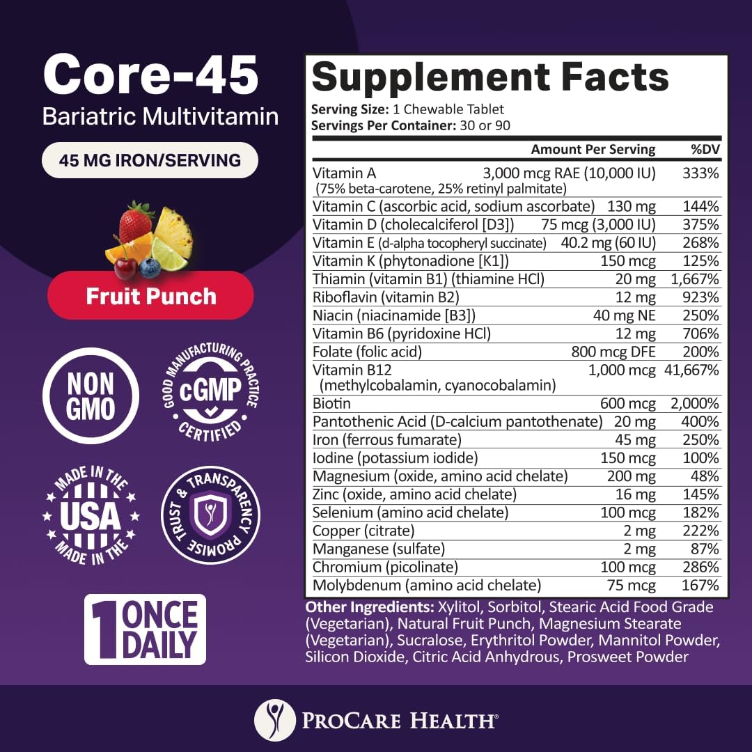 ProCare Health Bariatric Multivitamin with Iron 45mg Chewable - Fruit Punch Flavour (30 Tablets) - görsel 2