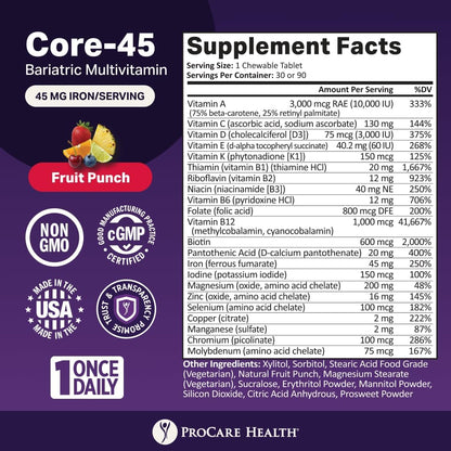 ProCare Health Bariatric Multivitamin with Iron 45mg Chewable - Fruit Punch Flavour (30 Tablets)