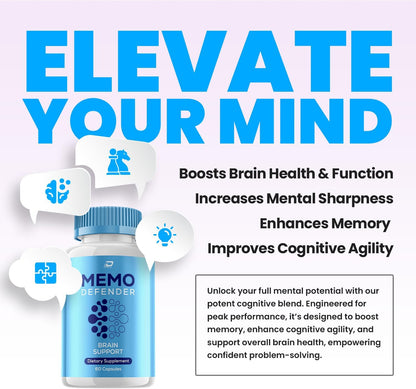 Memo Defender Brain Supplement Capsules – All-Natural Nootropic Focus Formula (3 Pack, 180 Capsules)