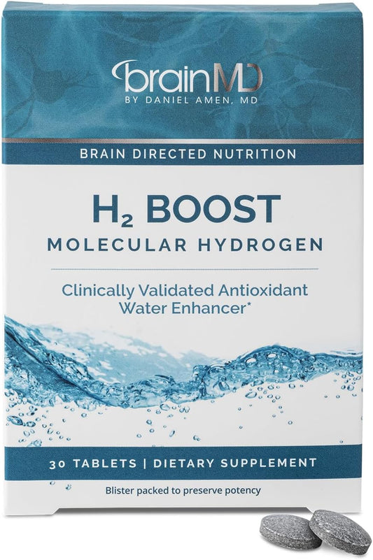 BRAINMD H2 Boost Molecular Hydrogen - 30 Tablets - Antioxidant Water Enhancer - Vegan, Gluten-free - 30 Servings