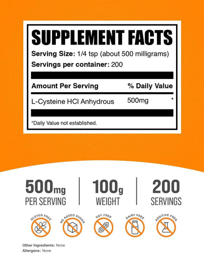 BulkSupplements.com L-Cysteine HCl Powder - NAC Supplement, Amino Acid Supplement - Gluten-free, 500mg per Serving, 100g (3.5 oz) (Pack of 1)
