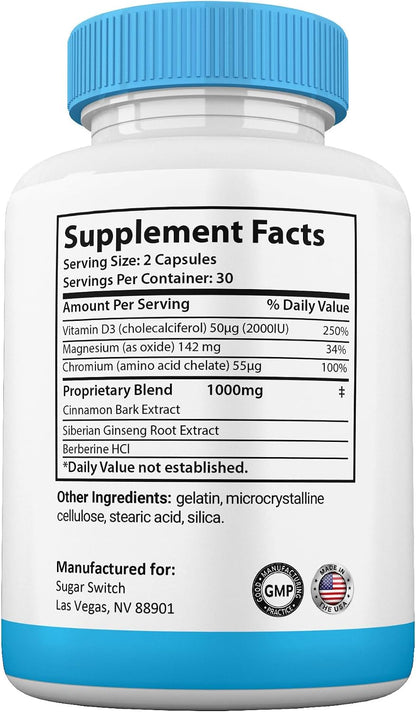 SugarSwitch Capsules, All-Natural Supplement, SugarSwitch Pills, High Potency Formula, Gelatin Free (3 Pack)