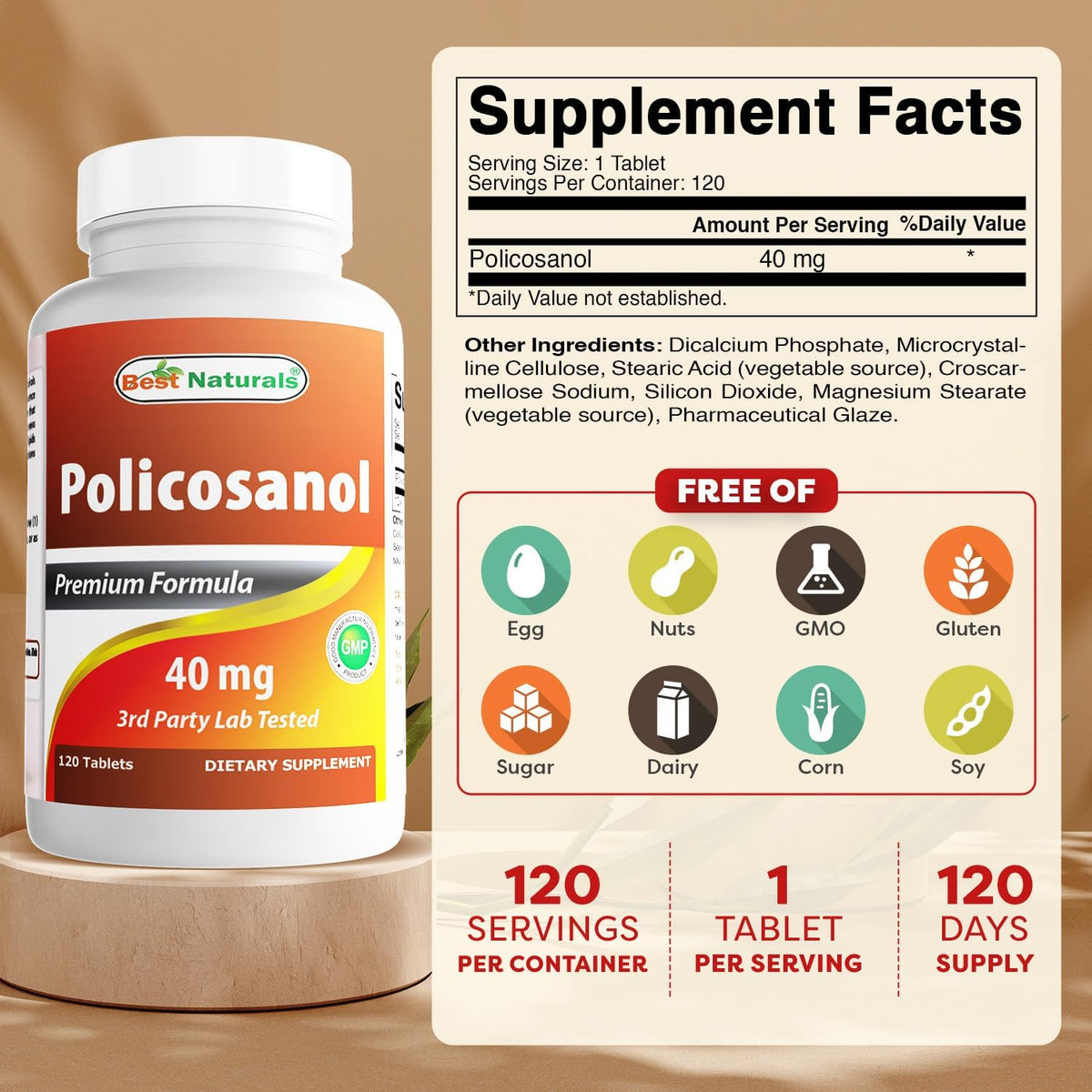 Best Naturals Policosanol 40mg, 120 Tablets - Supports Cardiovascular Health - görsel 2