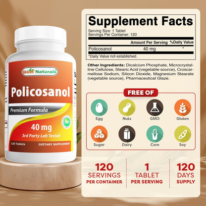 Best Naturals Policosanol 40mg, 120 Tablets - Supports Cardiovascular Health