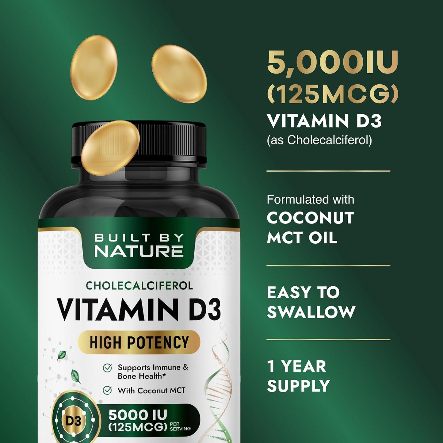 Built by Nature Vitamin D3 5000 IU Food Supplement, 360 Mini Soft gel capsules - görsel 3