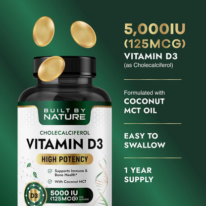 Built by Nature Vitamin D3 5000 IU Food Supplement, 360 Mini Soft gel capsules