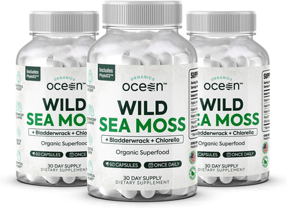 Organics Ocean Wild Sea Moss Capsules - 100% Organic Irish Sea Moss with Organic Chlorella, Bladderwrack and Vitamin D - 6 Bottles