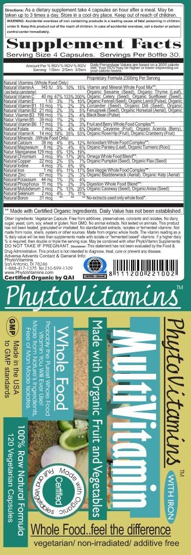 Nature's Brands Organic Whole Food Multivitamin + Iron – 120 Vegetarian Capsules