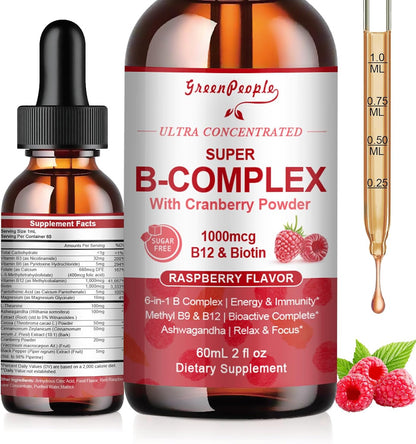 GREENPEOPLE Vitamin Methylated B Complex – Methyl B12 + L-Methyl Folate – Energy, Immunity & Cognitive Support – with Magnesium, Ashwagandha & L-Theanine – Vegan Liquid, 60 ml