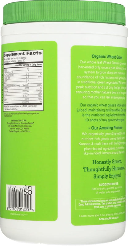 Amazing Grass Organic Wheat Grass Powder – 100% Whole-Leaf, 482 g (60 Servings)