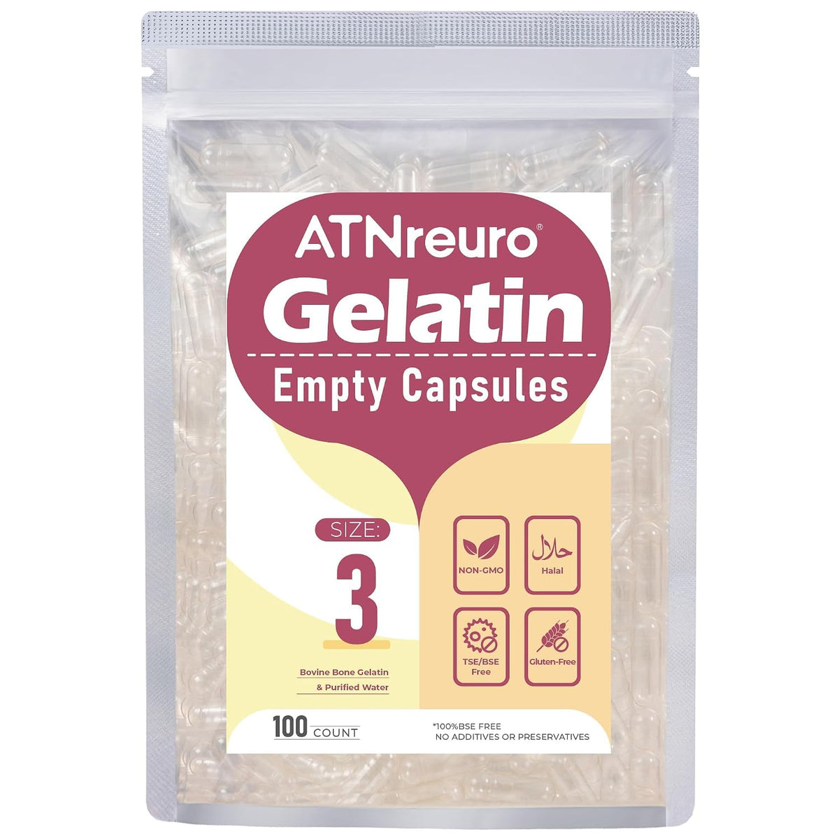 ATNreuro Empty Gelatin Capsules Size 3 – Clear – 100 Count - görsel 1