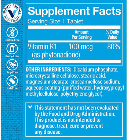 The Vitamin Shoppe Vitamin K1 100 mcg – Daily Food Supplement (100 Tablets)