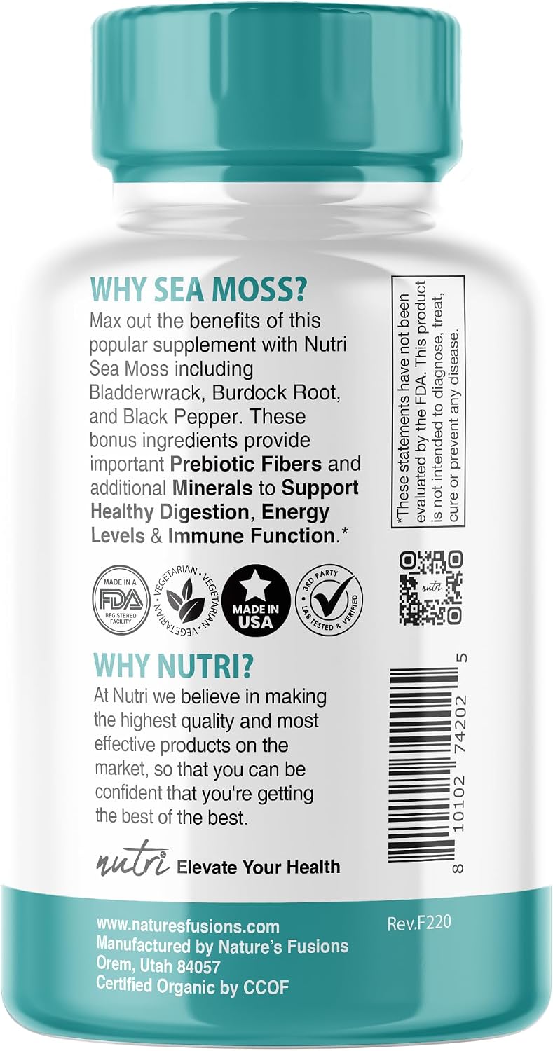 Nutri Certified Organic Sea Moss Capsules – 1405mg Sea Moss Complex with Burdock Root, Bladderwrack & Black Pepper, Non-GMO, 60 Capsules - görsel 3
