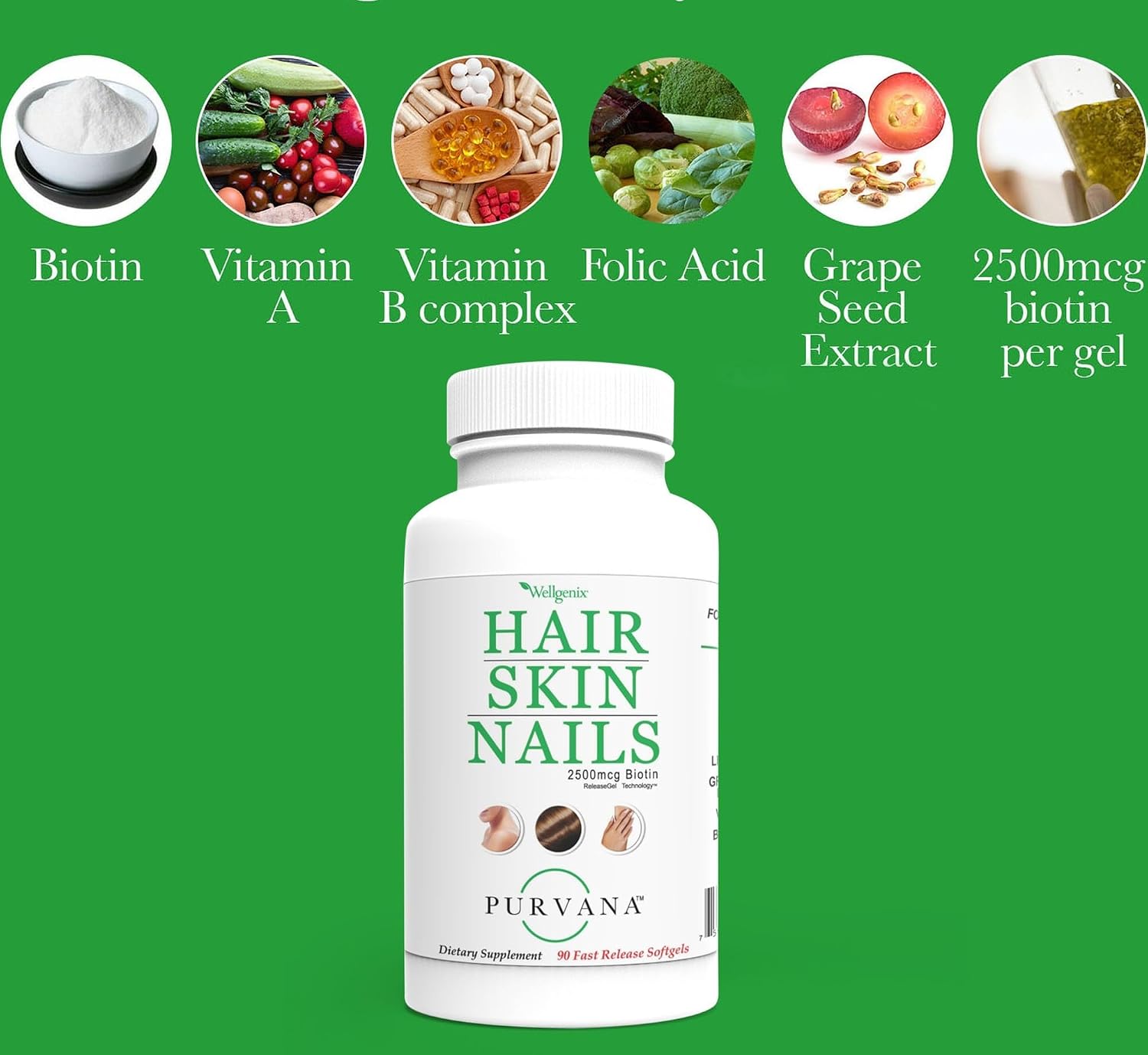 Wellgenix Purvana Hair, Skin & Nails Supplement – 2500 mcg Biotin Softgels with MSM & B-Complex – Daily Beauty Support for Stronger Nails & Hair Vitality – 180 Softgels (2 Pack) - görsel 8