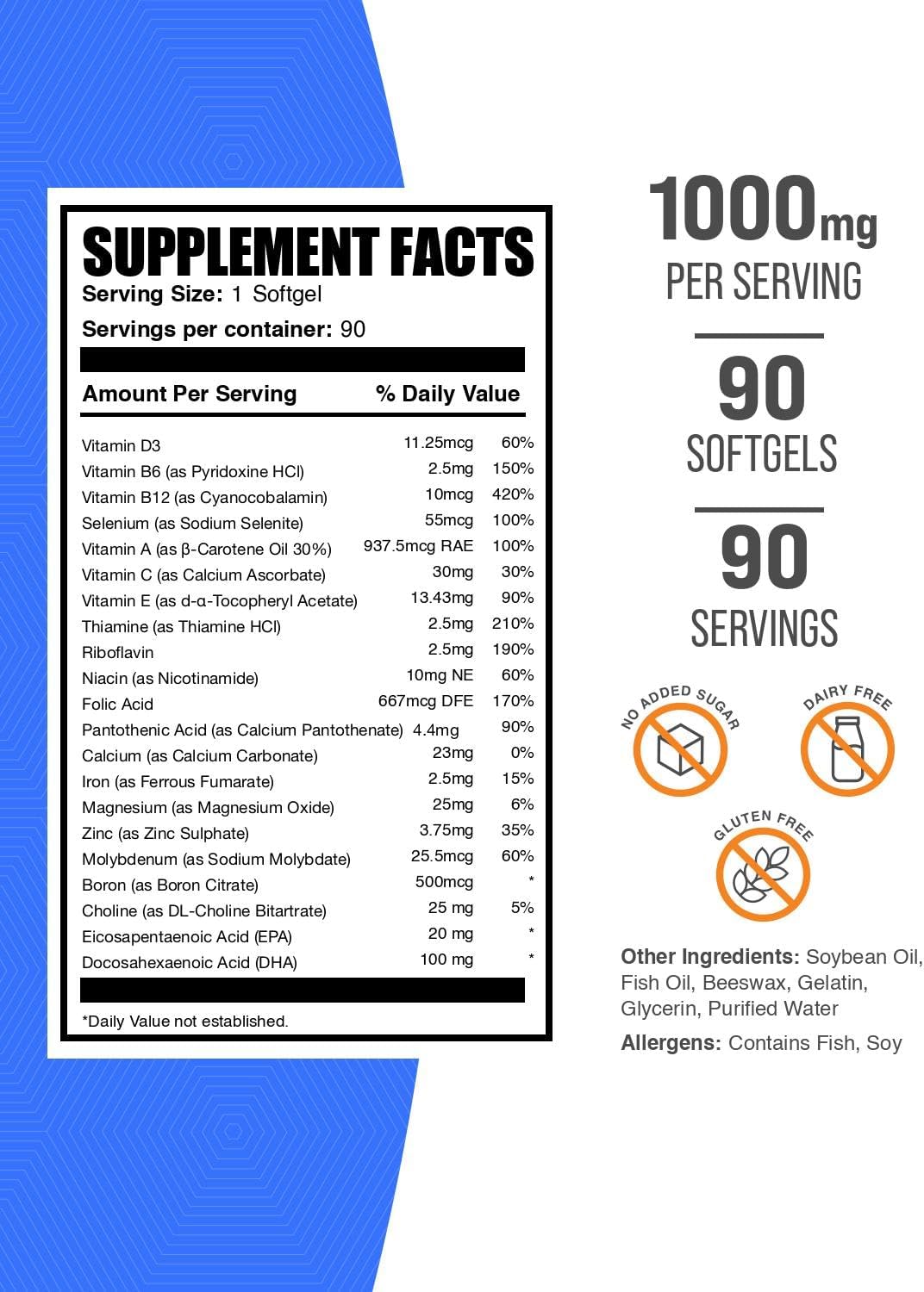 BulkSupplements.com Multivitamin for Women Soft gel capsules – Daily Multivitamin with Fish Oil – 1000mg, 90 Soft gel capsules - görsel 2