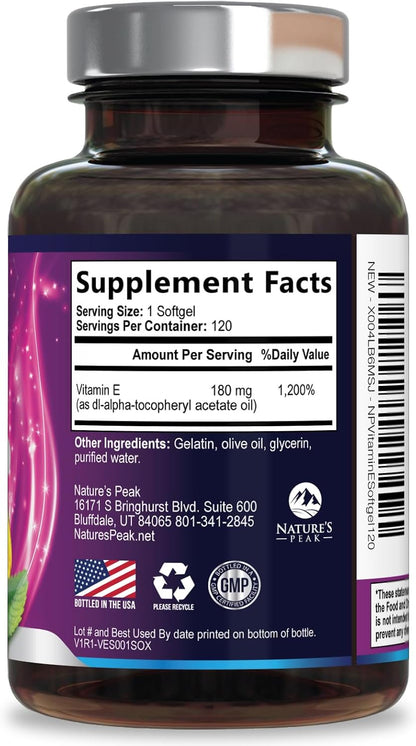 Nature's Peak Vitamin E 180 mg Soft gel capsules – Antioxidant Support for Skin, Immune and Cardiovascular Health – Non-GM, Gluten-free – 120 Soft gel capsules