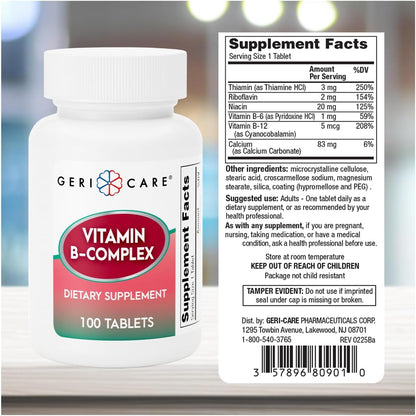 GeriCare Vitamin B-Complex Supplement with Calcium – Daily Supplement for Energy, Immune Support, Bone Health & Nervous System, 100 Tablets
