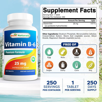Best Naturals Vitamin B-6 25 mg Tablets, 250 Tablets