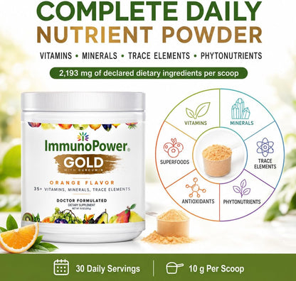 ImmunoPower Gold: High-Absorption Turmeric & BioPerine Immune Support with 35+ Nutrients, Orange Flavour