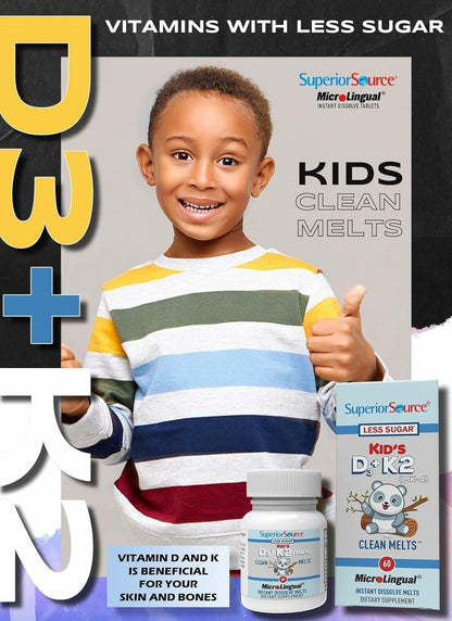 Superior Source Kid's D3 & K2 (MK-4) - Children's Vitamin - Immune & Bone Support - Non-GMO, Colour-Free - 60 MicroLingual Instant-Dissolve Tablets
