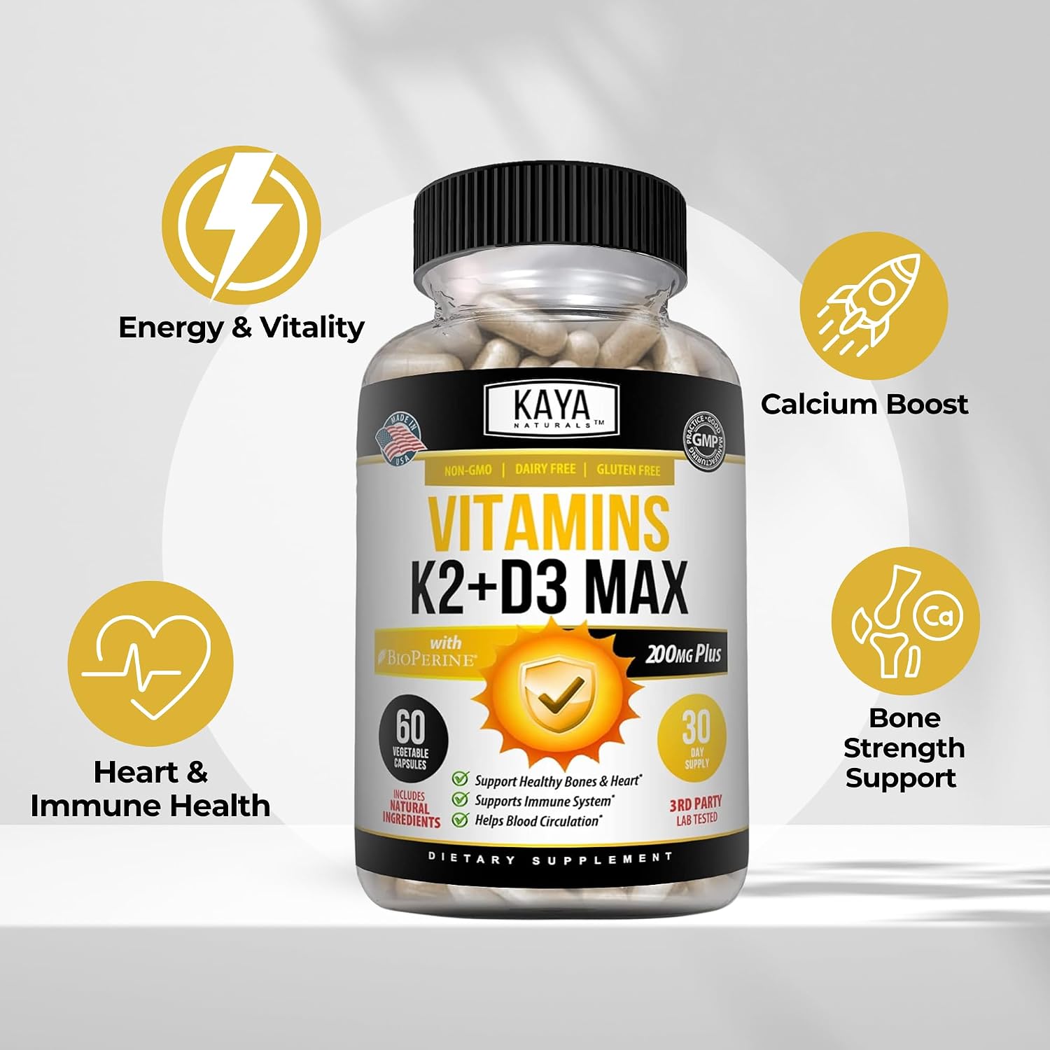 Kaya Naturals Vitamin D3 + K2 5000IU Supplement with Bioperine - 180 Veggie Capsules - görsel 4
