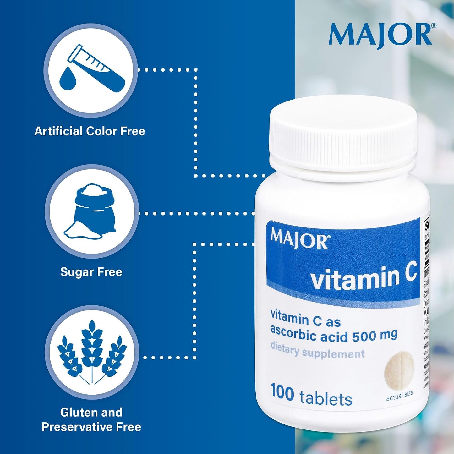MAJOR Vitamin C-500 mg Ascorbic Acid – Vitamin C Tablets – Food Supplement – 100 Tablets (1 Pack) - görsel 5