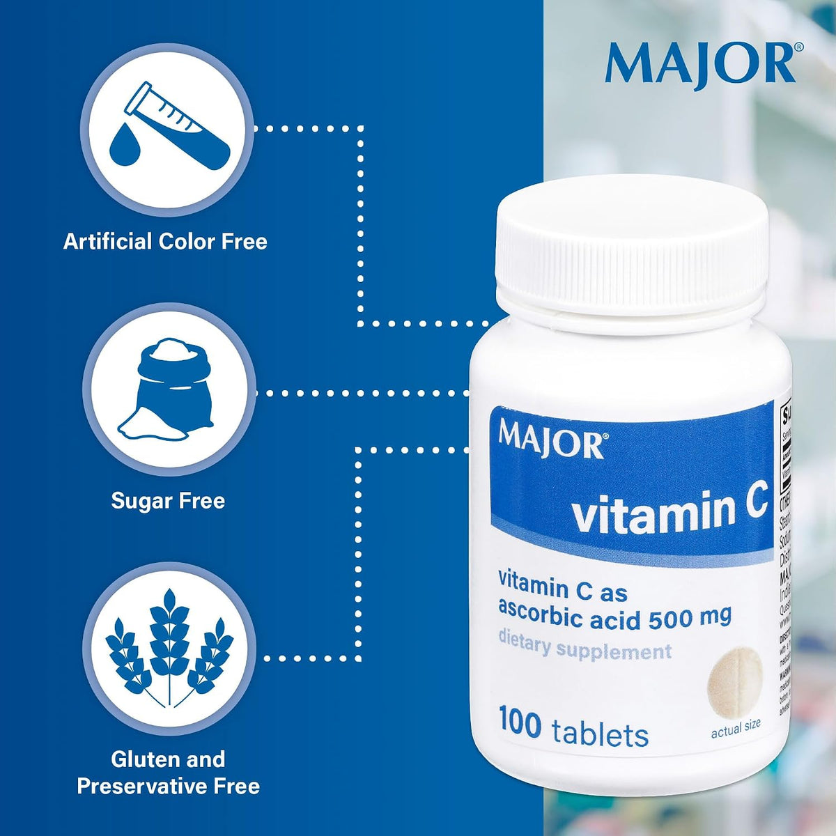 MAJOR Vitamin C-500 mg Ascorbic Acid – Vitamin C Tablets – Food Supplement – 100 Tablets (1 Pack) - görsel 5