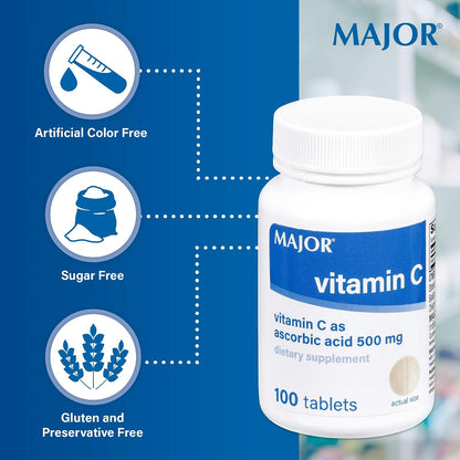 MAJOR Vitamin C-500 mg Ascorbic Acid – Vitamin C Tablets – Food Supplement – 100 Tablets (1 Pack)