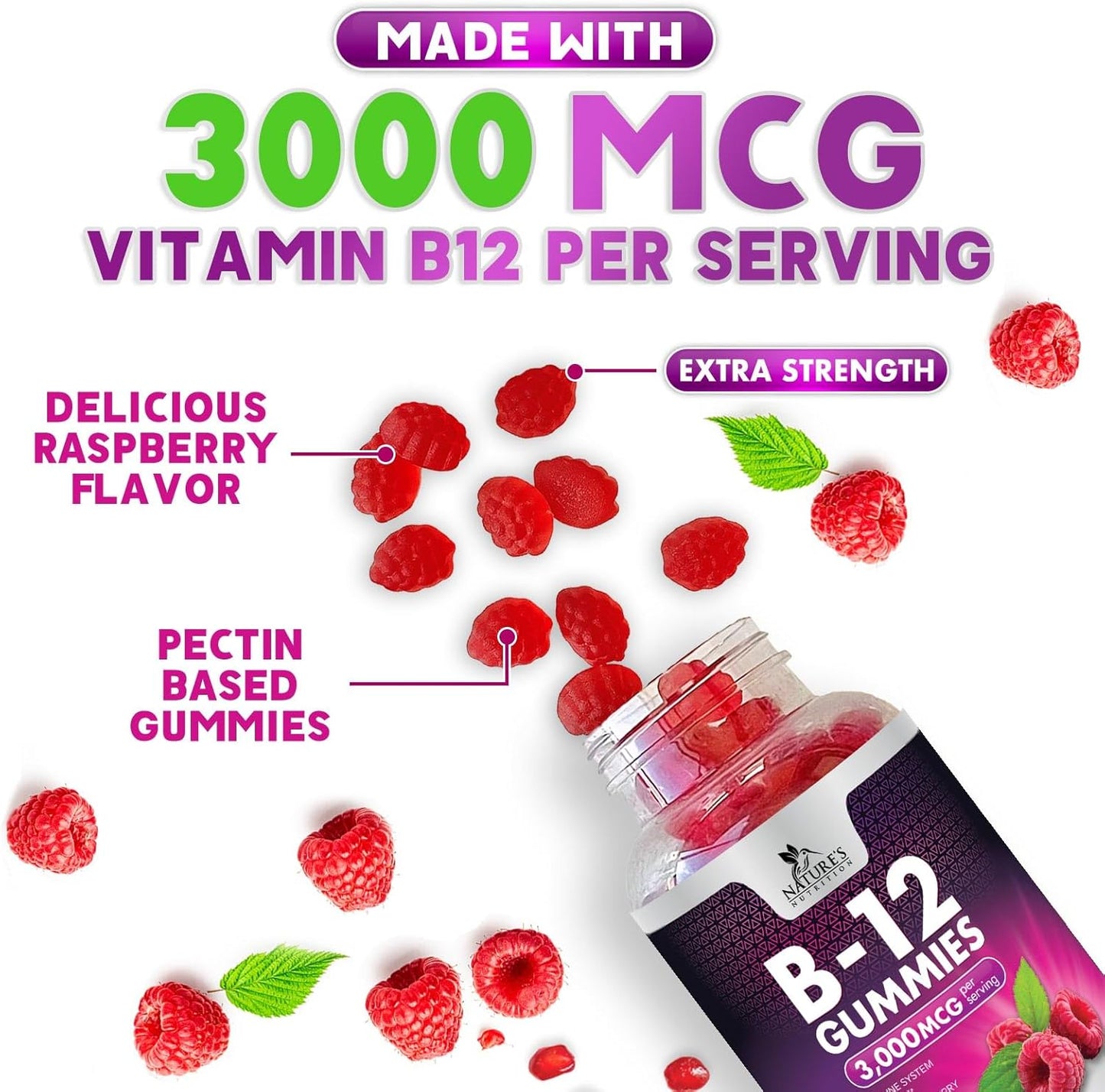 Vitamin B12 Energy Gummies – 3000 mcg Extra Strength, Berry Flavour - görsel 6