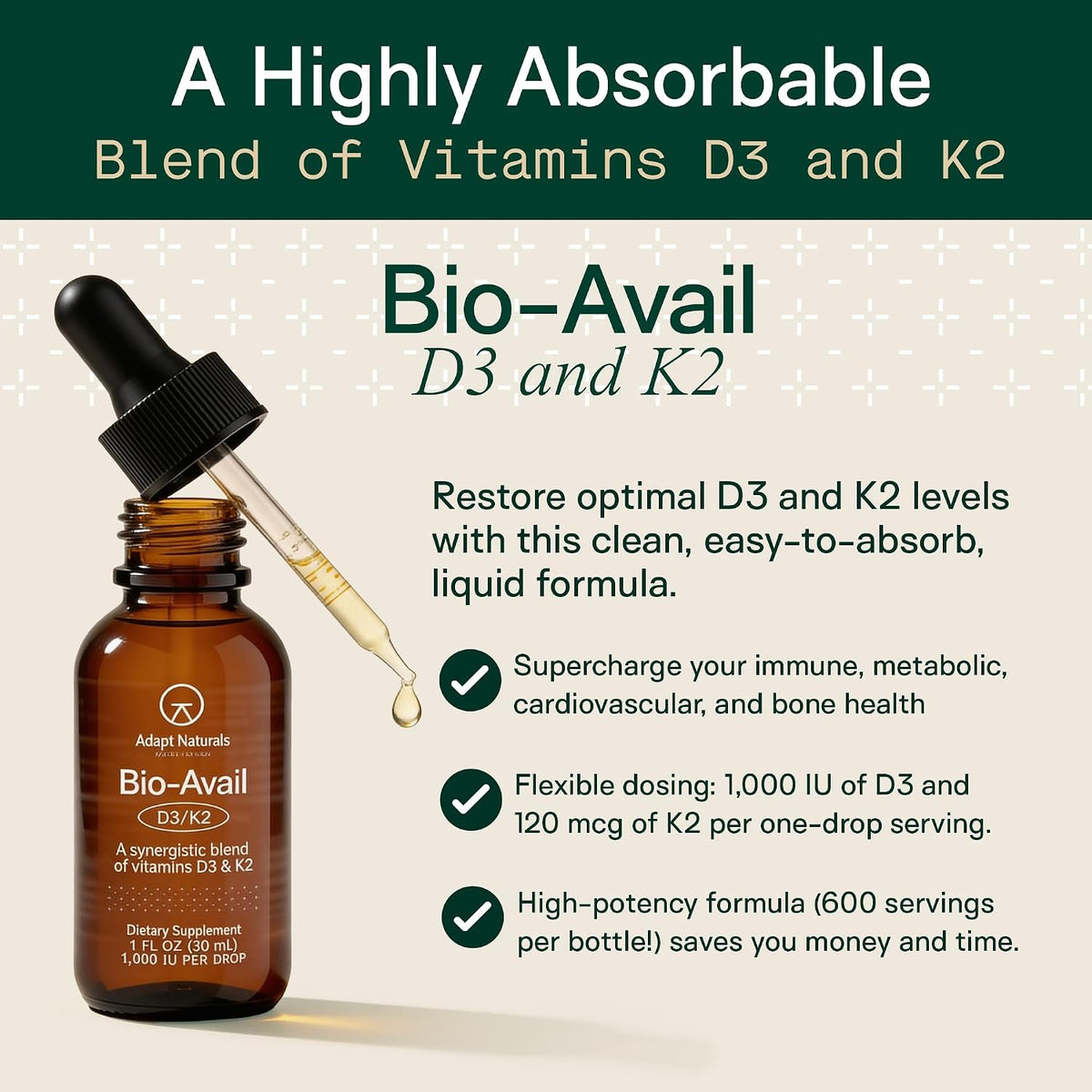 Adapt Naturals Vitamin D3 K2 1000 IU Supplement with MCT Oil – Bio-available Liquid Formula, 1 fl oz (approx. 30 ml, 600 Servings) - görsel 2