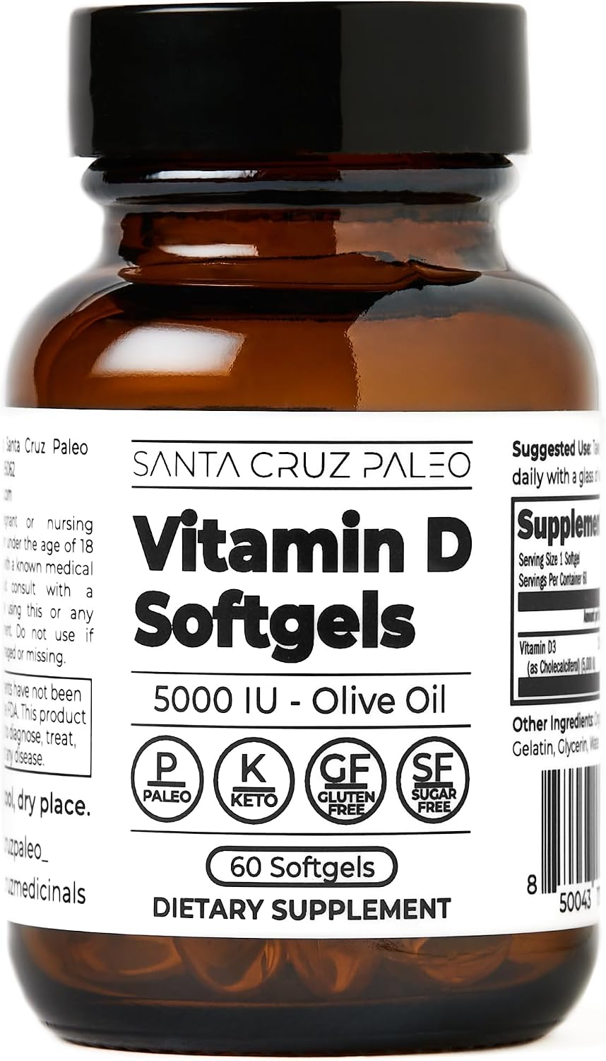 Santa Cruz Paleo Vitamin D3 5000 IU Softgels with Olive Oil, Supports Bone Health, Gluten-Free, Paleo, Keto - 60 Softgels - görsel 1