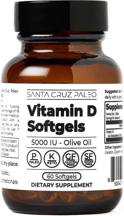 Santa Cruz Paleo Vitamin D3 5000 IU Softgels with Olive Oil, Supports Bone Health, Gluten-Free, Paleo, Keto - 60 Softgels