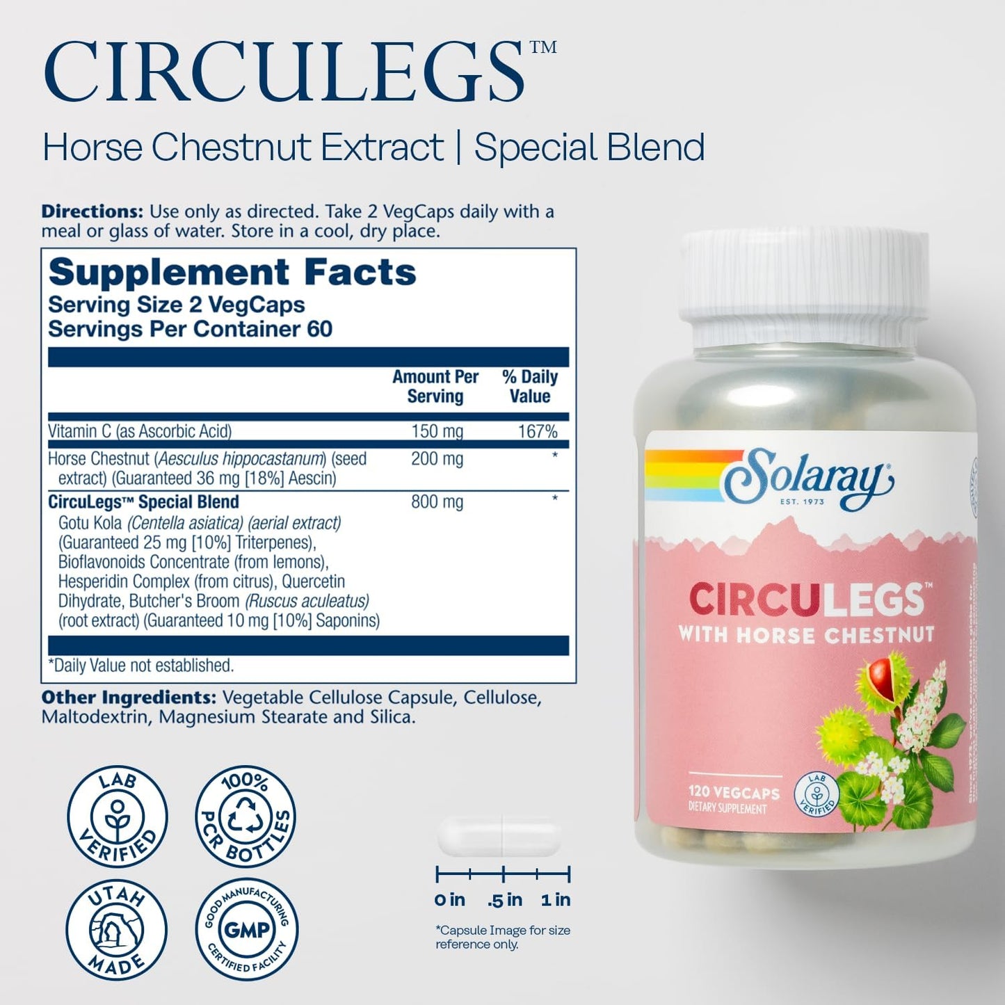 SOLARAY Circulegs - Herbal Supplement with Horse Chestnut Extract & Vitamin C, Vegan, Gluten-Free - 60 Servings - görsel 3