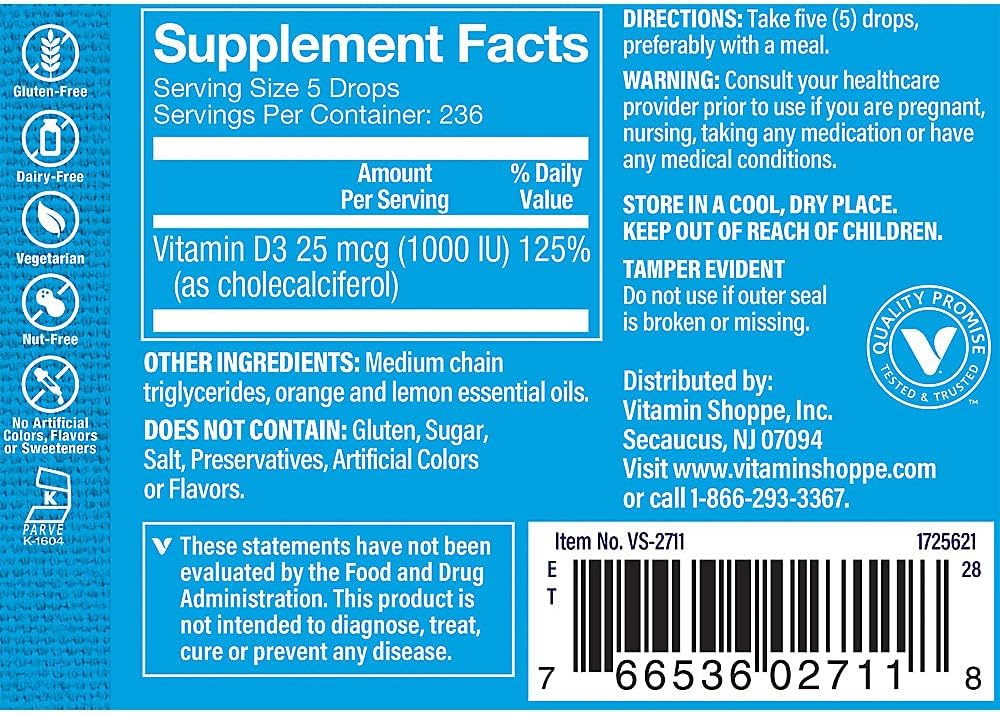 The Vitamin Shoppe Vitamin D3 1000 IU Liquid Drops – Citrus Flavour (30 ml) - görsel 2