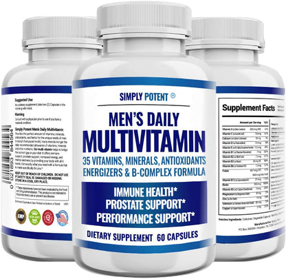 Simply Potent Daily Multivitamin for Men, 35 Vitamins with Minerals & Antioxidants, Vitamins A, C, D, E, Biotin, B12, Folate, Zinc, Magnesium & Saw Palmetto for Energy, Focus, Immune & Prostate Health, 60 Capsules