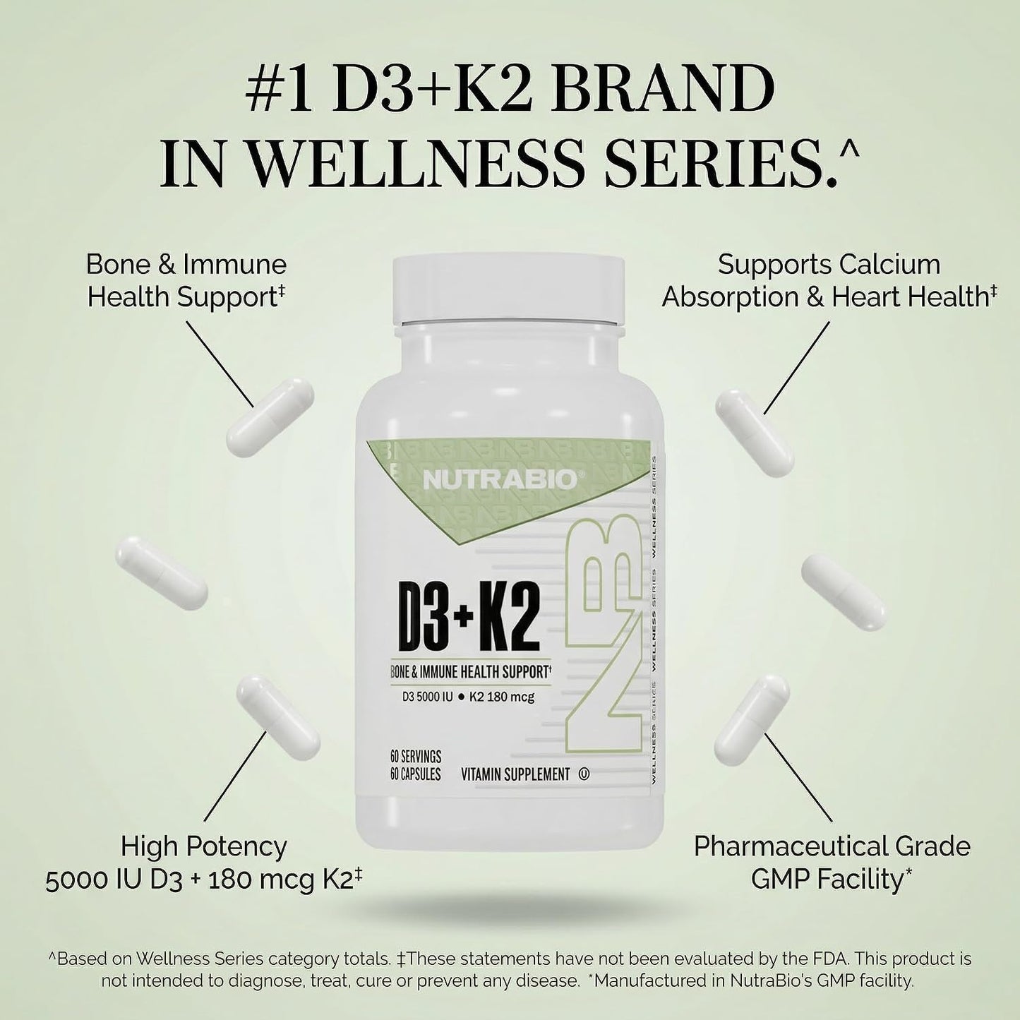 NutraBio Vitamin D3 & K2 - 5000 IU D3 + 180mcg Vitamin K2 (MK-7) - 60 Vegetable Capsules - görsel 7