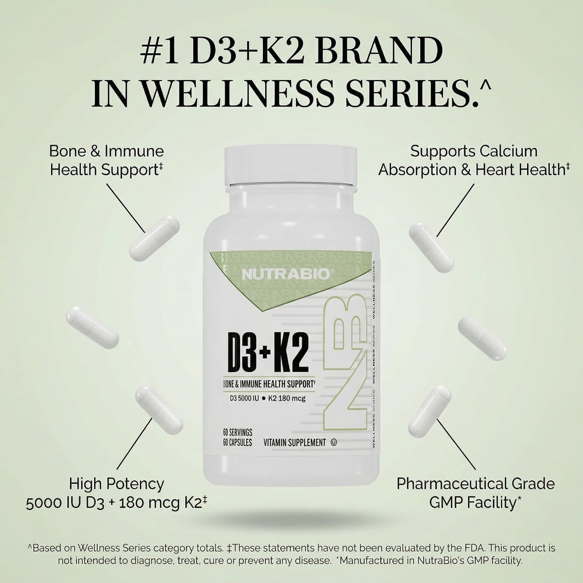 NutraBio Vitamin D3 & K2 - 5000 IU D3 + 180mcg Vitamin K2 (MK-7) - 60 Vegetable Capsules - görsel 7