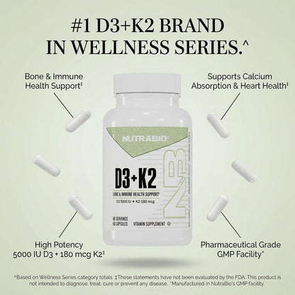 NutraBio Vitamin D3 & K2 - 5000 IU D3 + 180mcg Vitamin K2 (MK-7) - 60 Vegetable Capsules