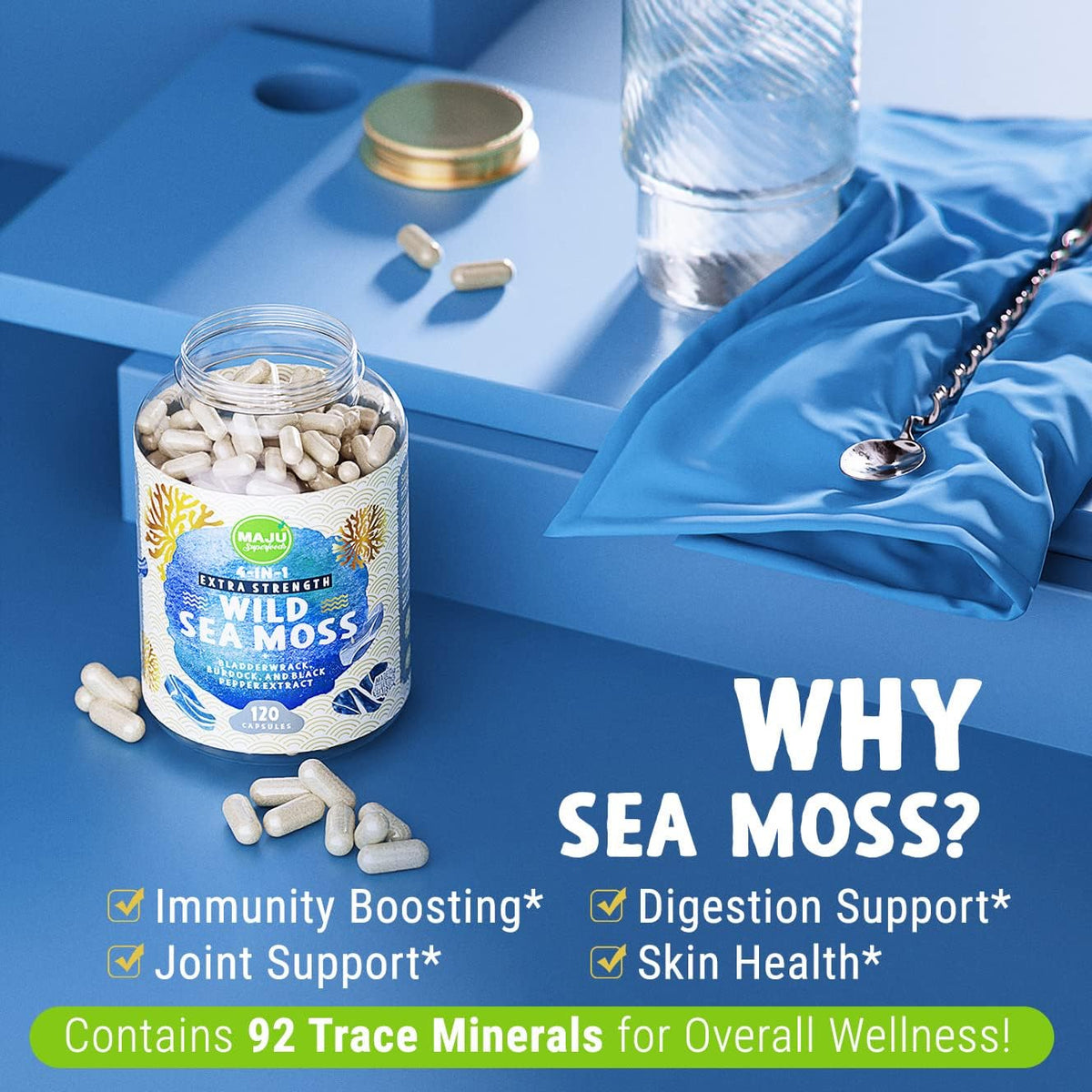 MAJU Wild Irish Sea Moss Capsules - 4-in-1 with Bladderwrack, Burdock Root & Black Pepper (120 Capsules) - görsel 3