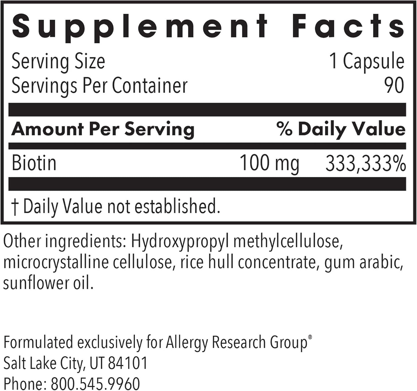 Allergy Research Group HiBiotin - 100 mg Biotin Food Supplement, 90 Capsules - görsel 3