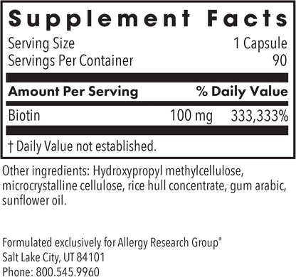 Allergy Research Group HiBiotin - 100 mg Biotin Food Supplement, 90 Capsules
