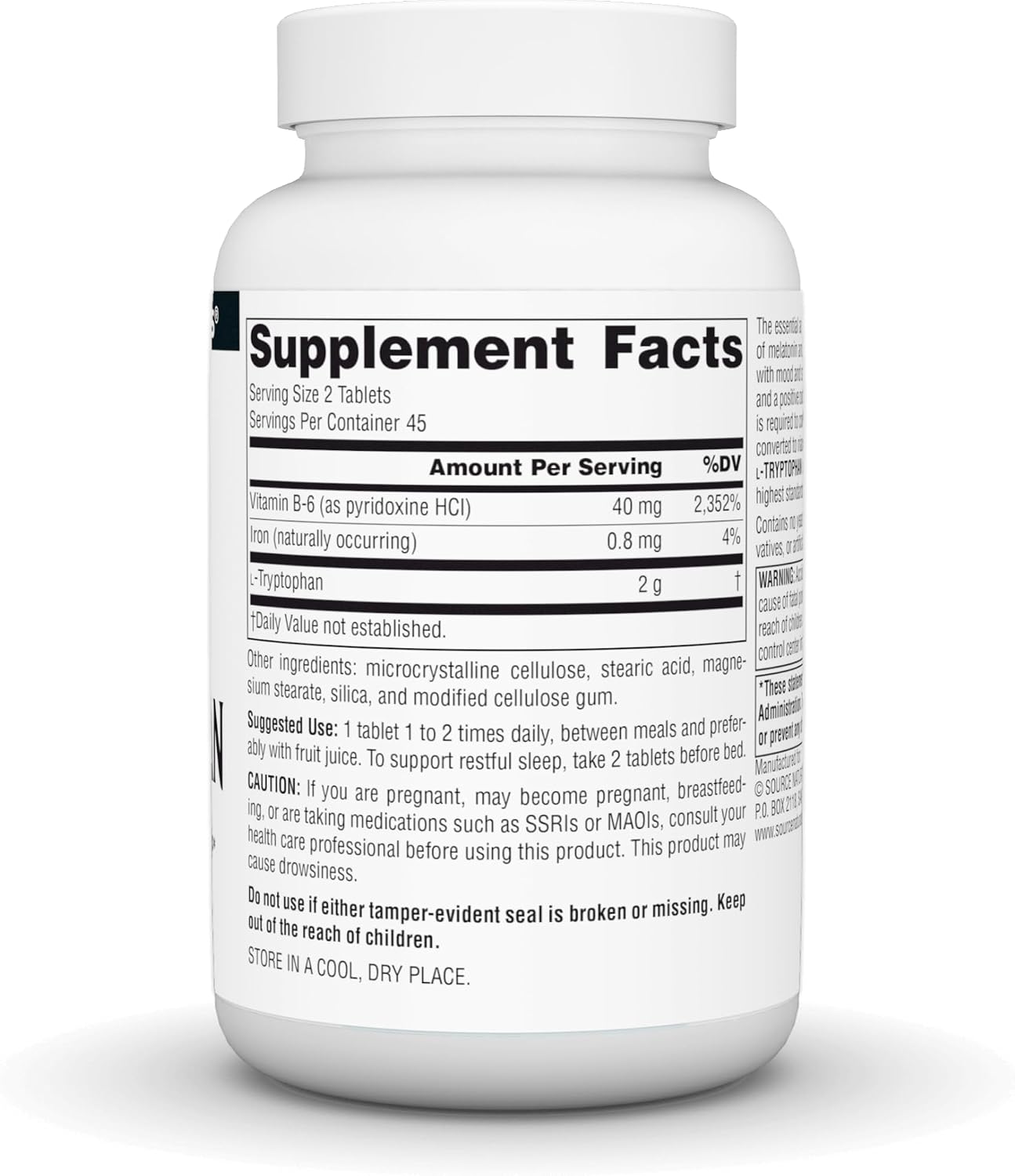 Source Naturals L-Tryptophan with Vitamin B-6 - 1000 mg, 90 Tablets - görsel 2