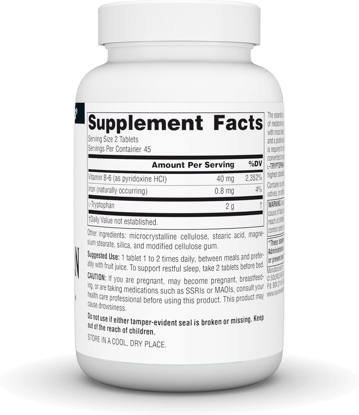 Source Naturals L-Tryptophan with Vitamin B-6 - 1000 mg, 90 Tablets - görsel 2